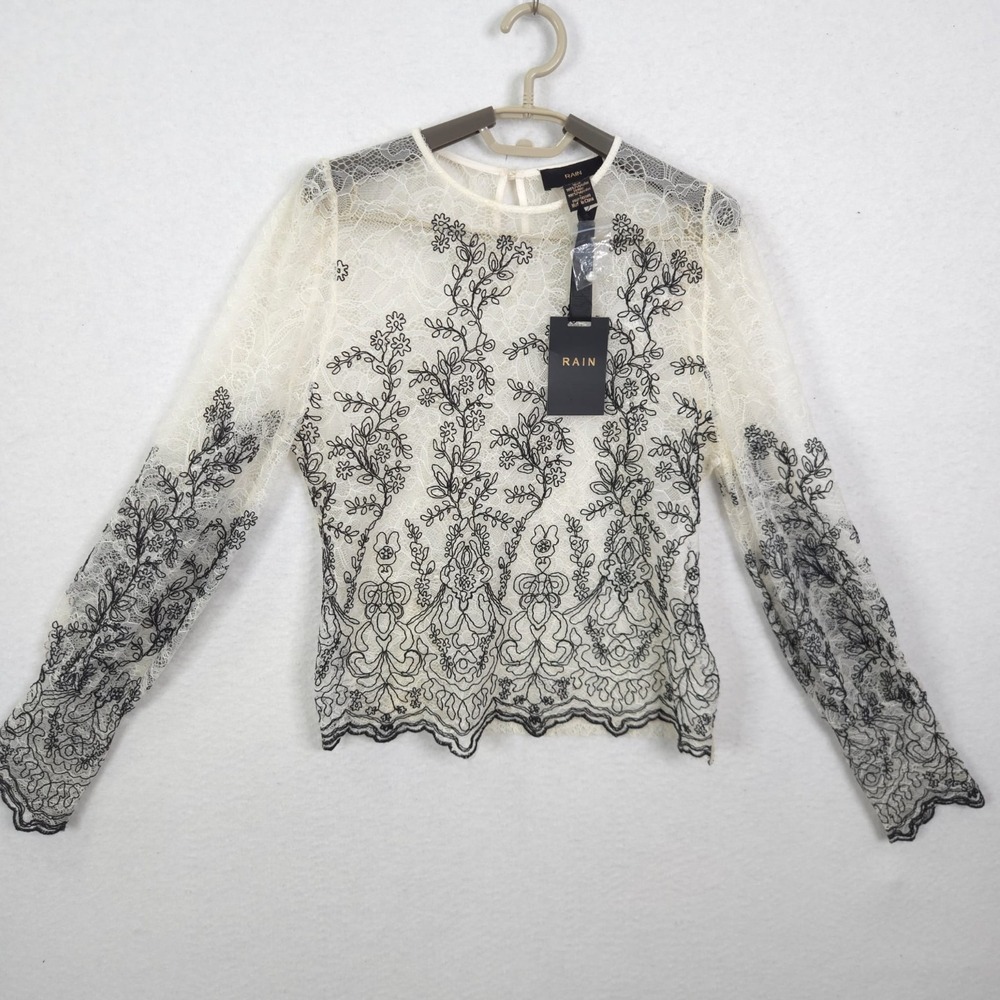 Rain Top Blouse Ivory Large Black Floral Embroidery Whimsygoth Witchy Lace Sheer